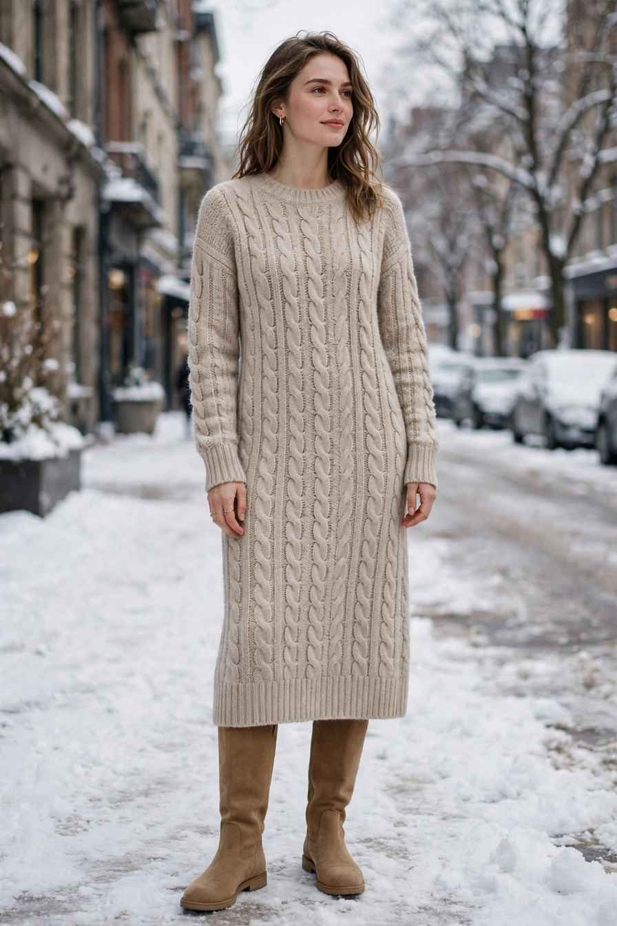Soft knit midi dress with flat boots