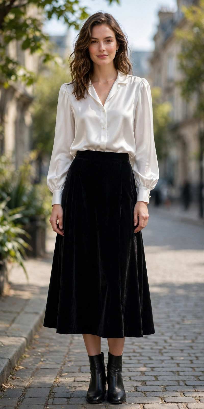 White silk blouse with a black velvet skirt