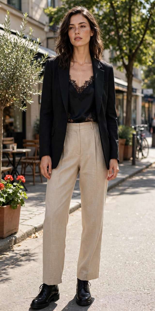 Lace-trimmed camisole under a sharp blazer
