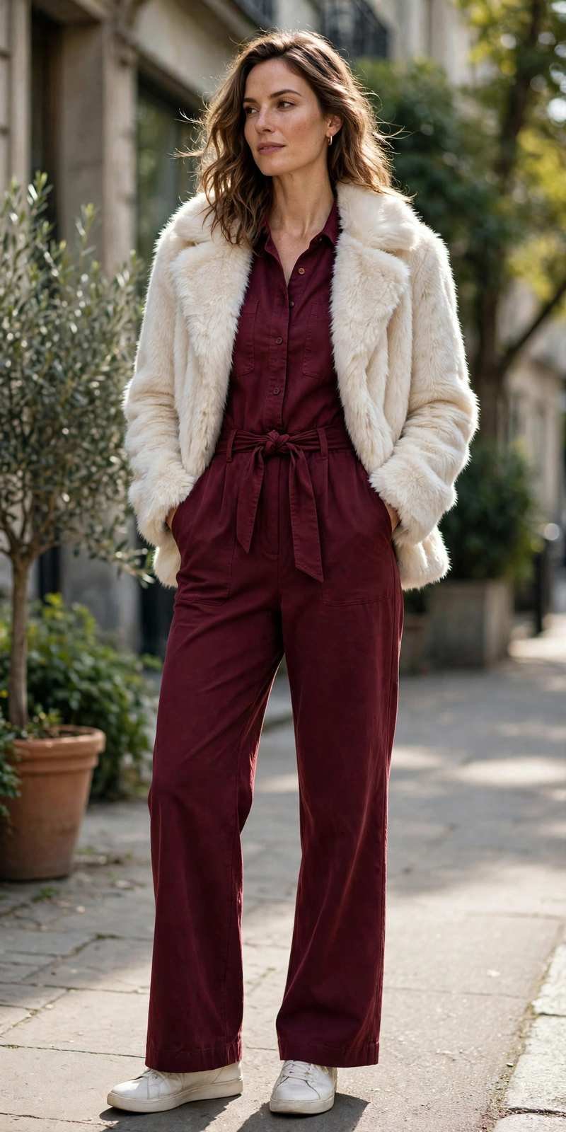 Burgundy jumpsuit with a faux fur jacket