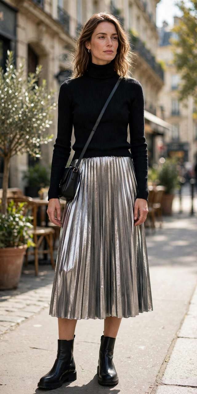Pleated metallic midi skirt with a turtleneck