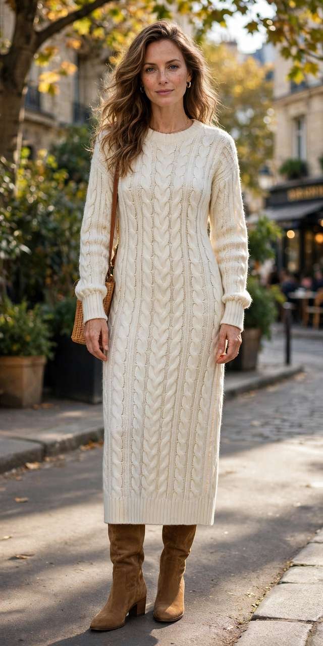 Ivory knit dress with knee-high boots