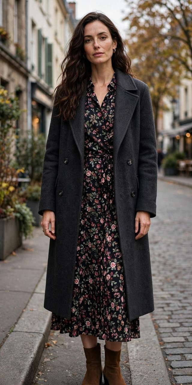 Dark floral midi dress with a wool coat