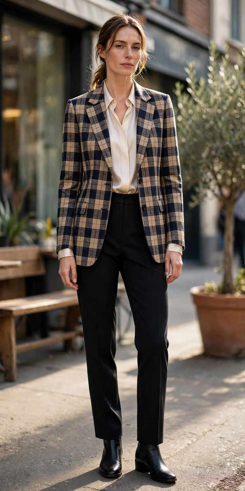 Tailored plaid blazer with a silk blouse