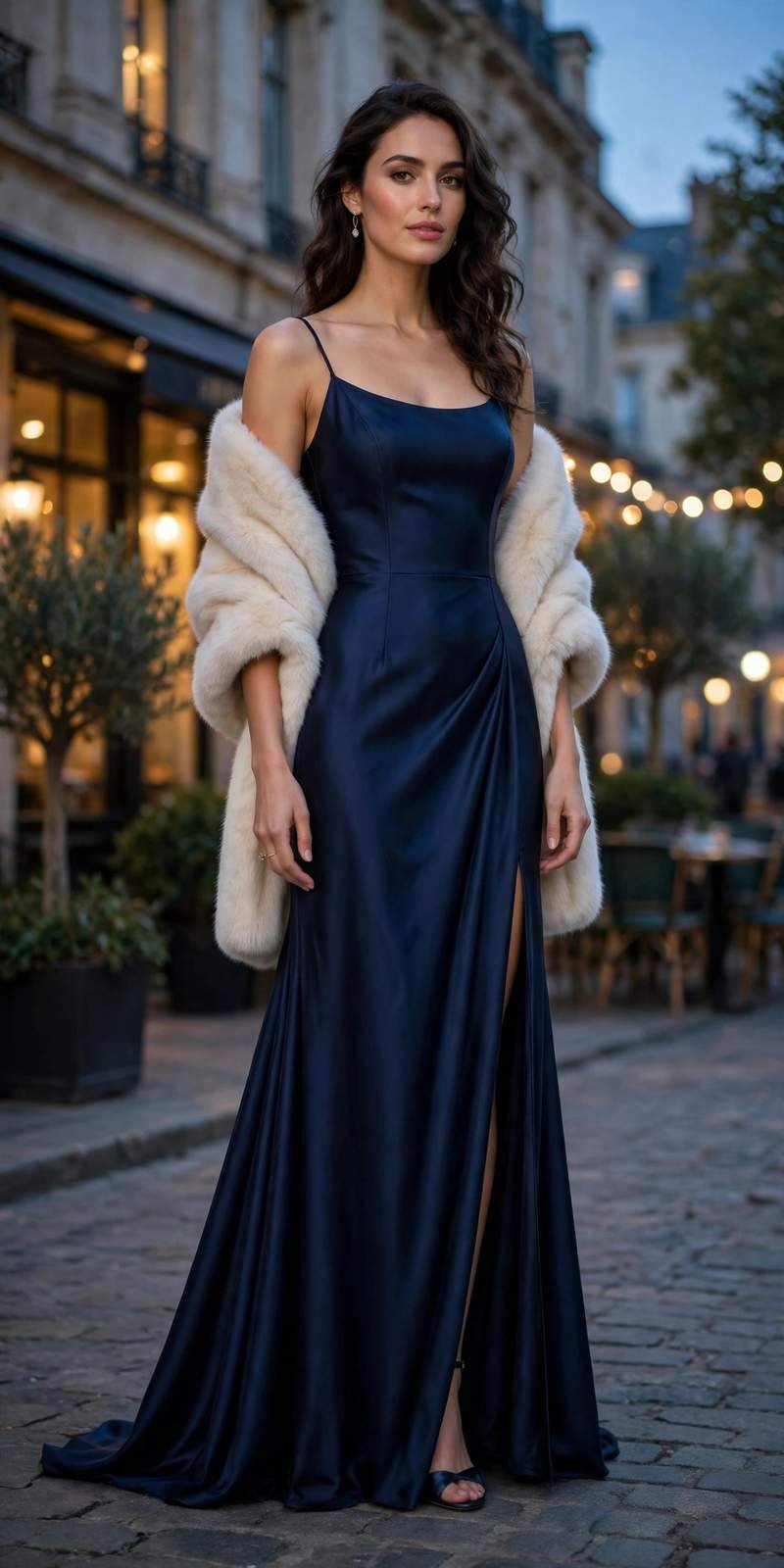 Midnight blue gown with a faux fur wrap