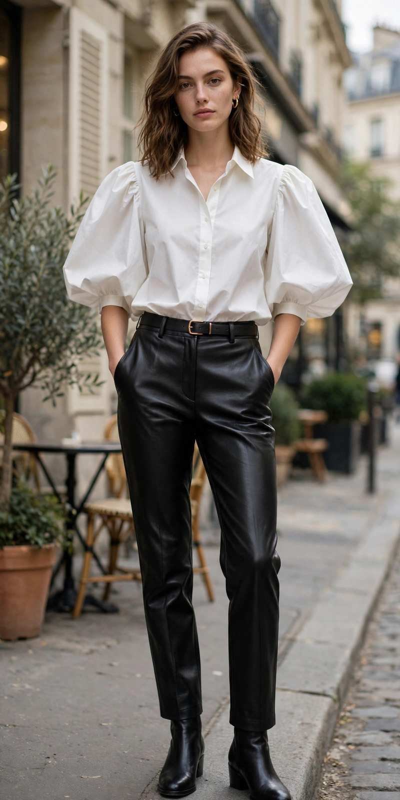 Statement-sleeve blouse with leather trousers