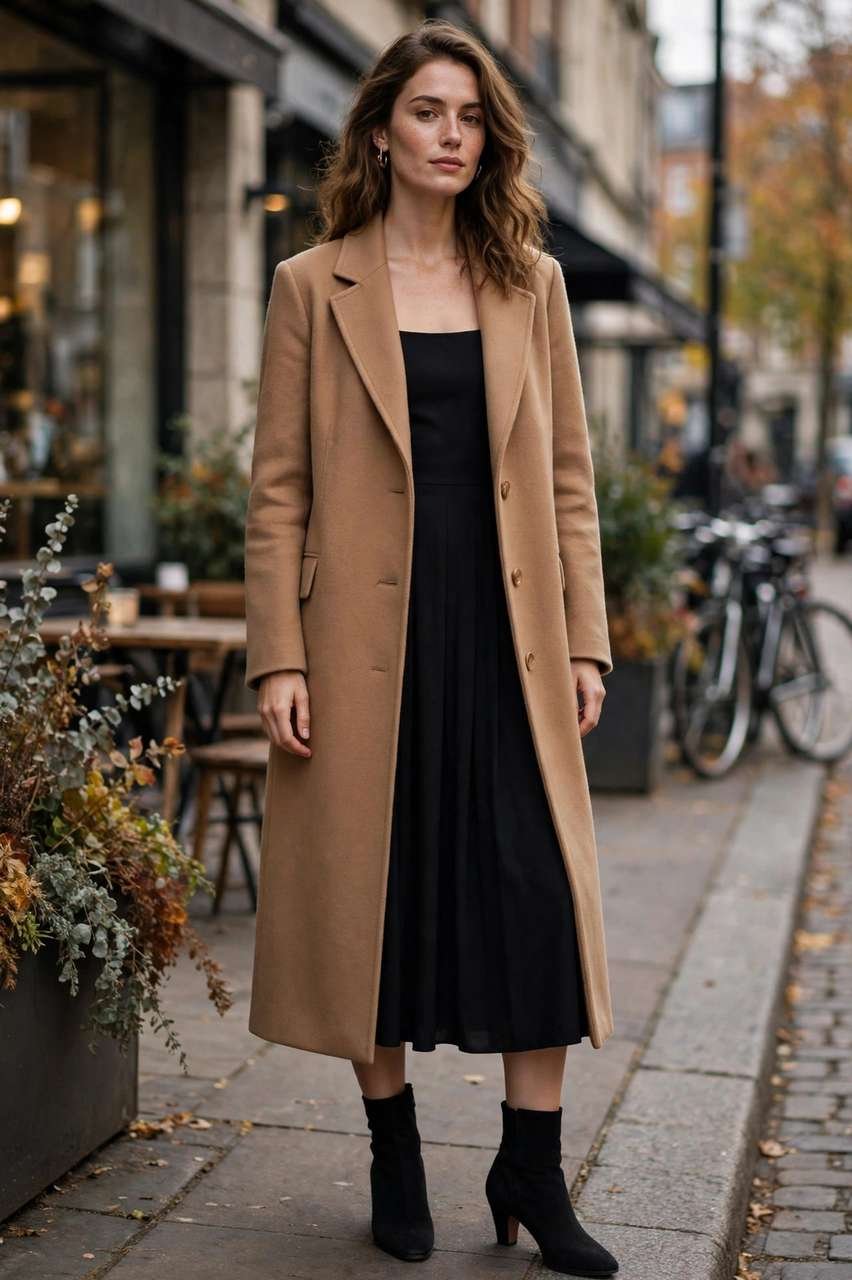 Long camel coat over a black midi dress
