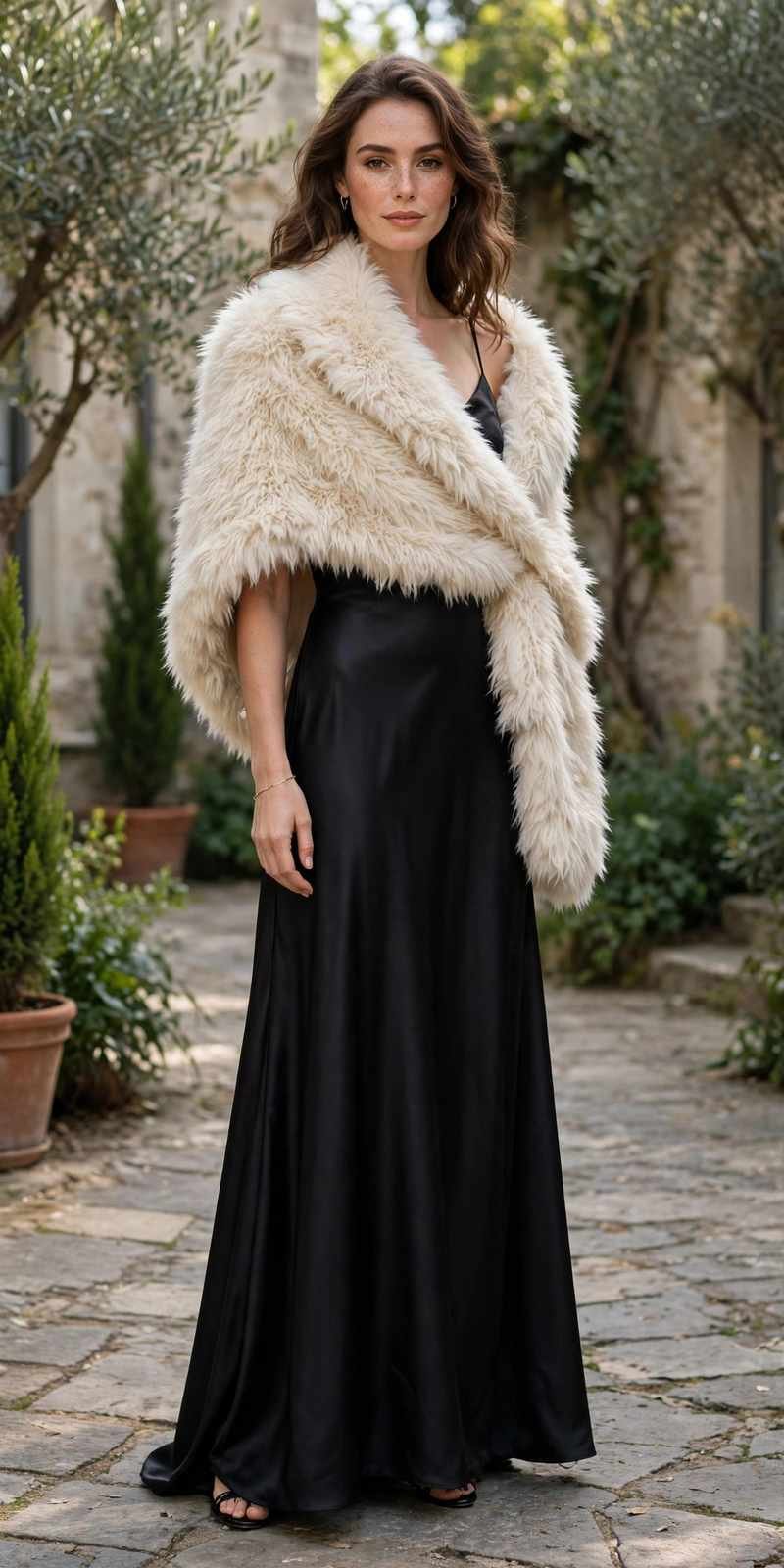 Faux fur stole over an evening gown