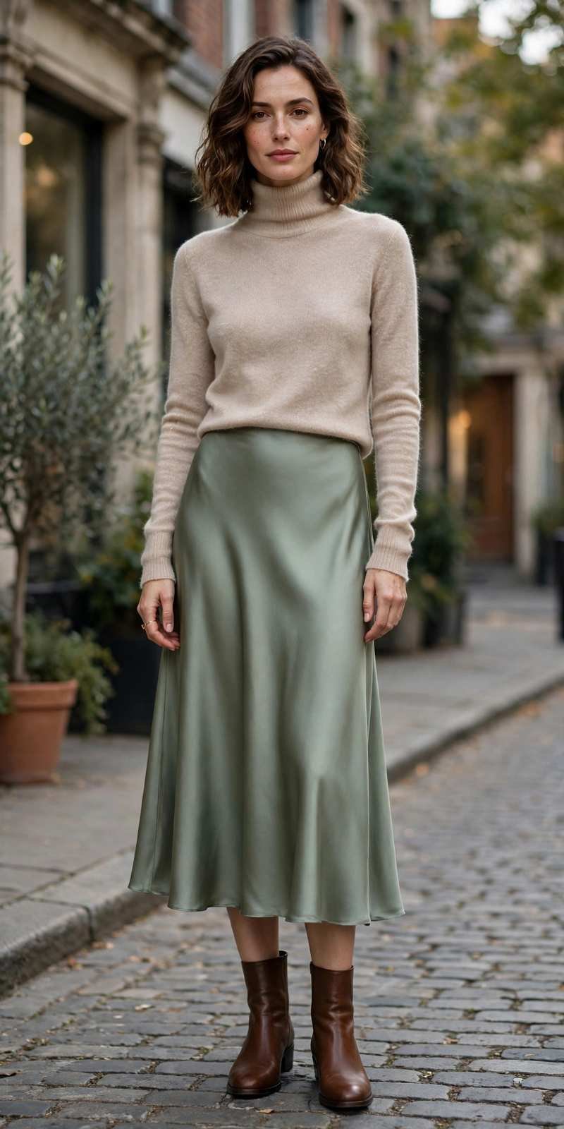 Cashmere turtleneck with a silk midi skirt