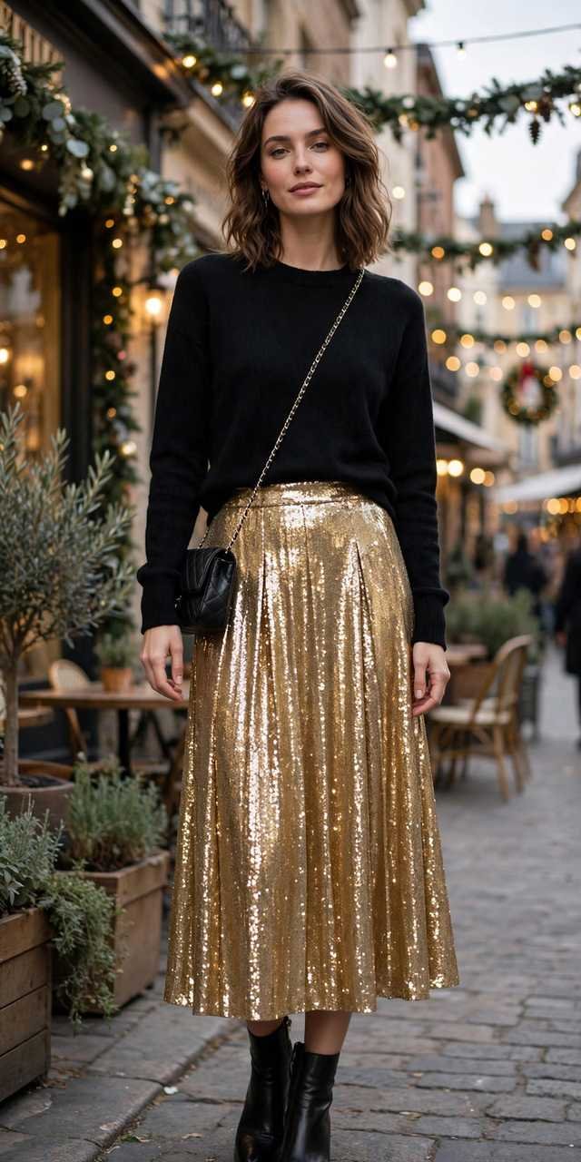 Sequined midi skirt with a black knit sweater