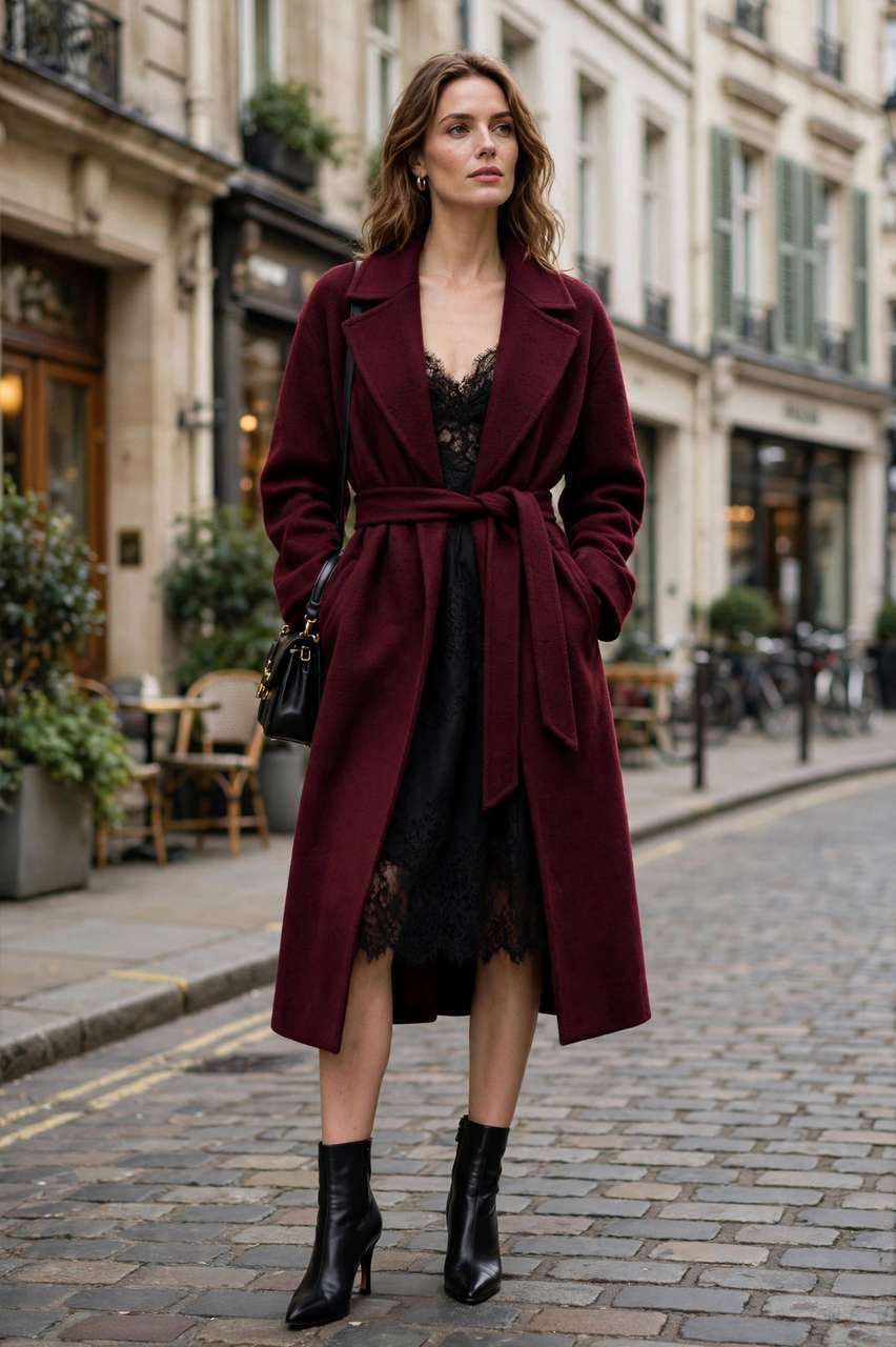 Wine-colored wrap coat over a cocktail dress