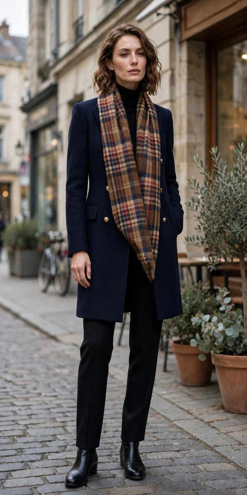 Plaid wool scarf with a navy coat