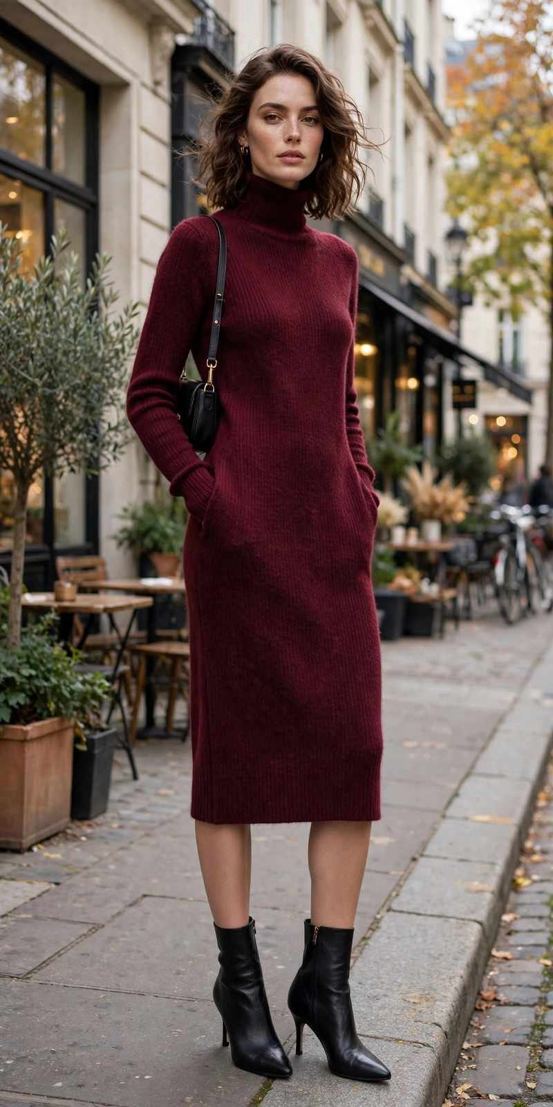 Elegant turtleneck dress with heeled boots