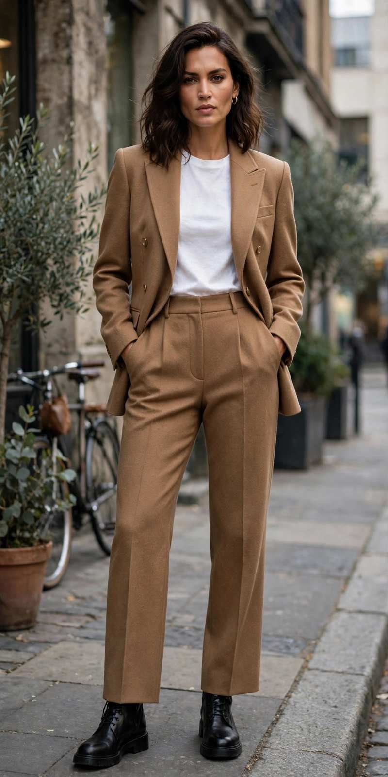 Tailored camel suit in winter weight