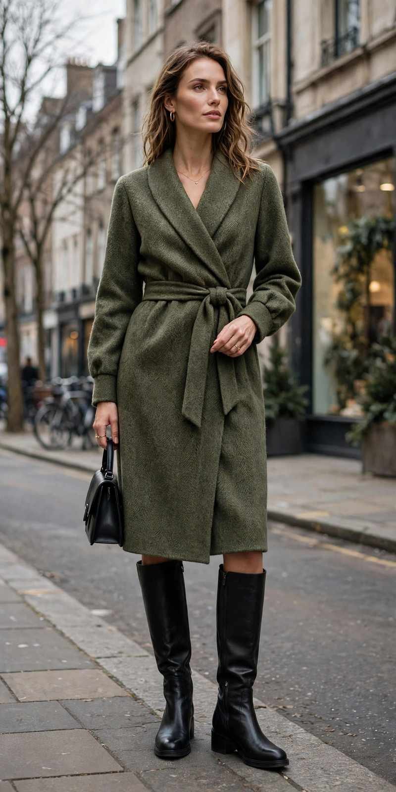 Elegant wrap dress with knee-high boots