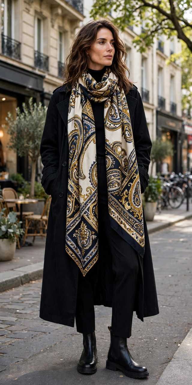 Monochrome black outfit with a statement scarf