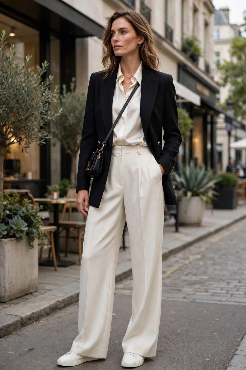 Structured blazer with a silk blouse