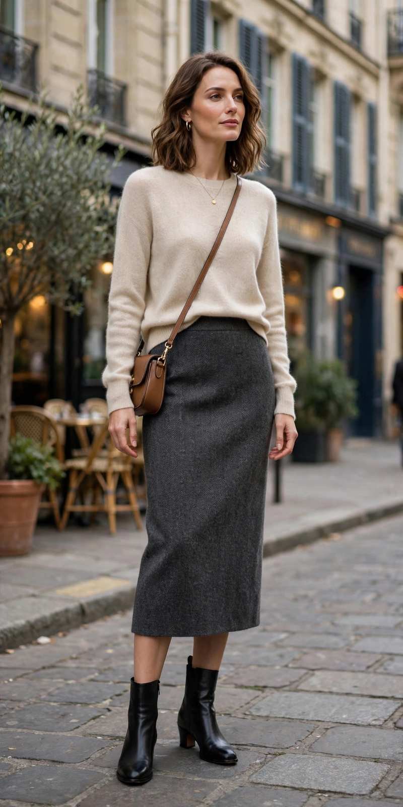 Wool pencil skirt with a soft cashmere sweater