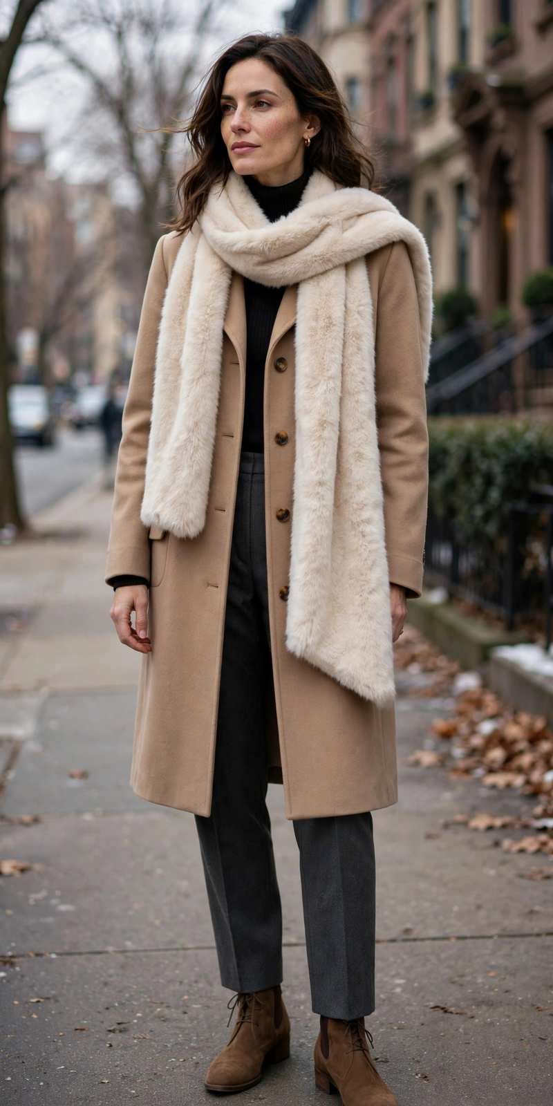 Faux fur scarf with a plain winter coat