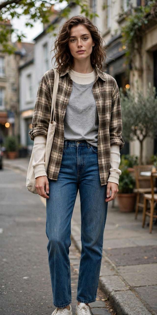Layered thermal, tee, and flannel outfit