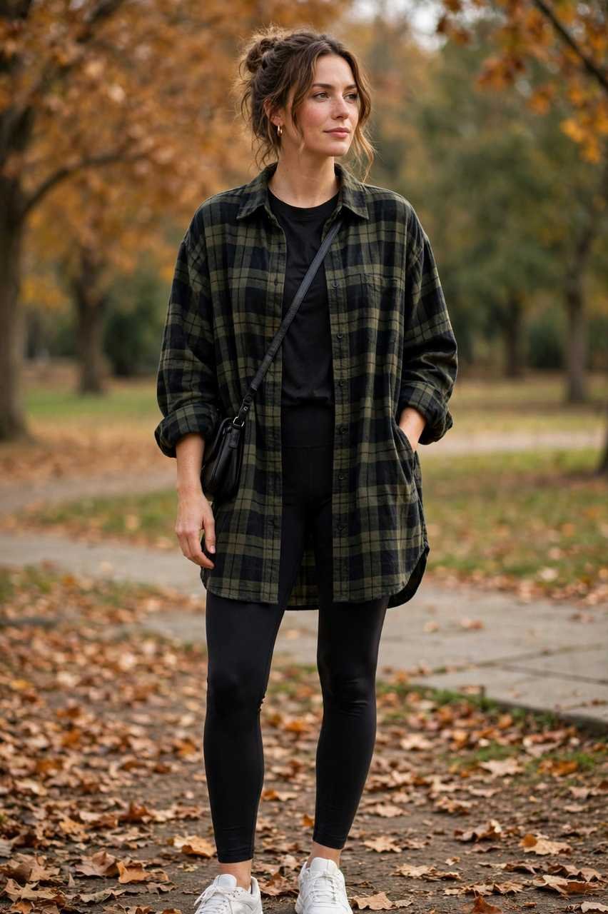 Black leggings with a long flannel shirt