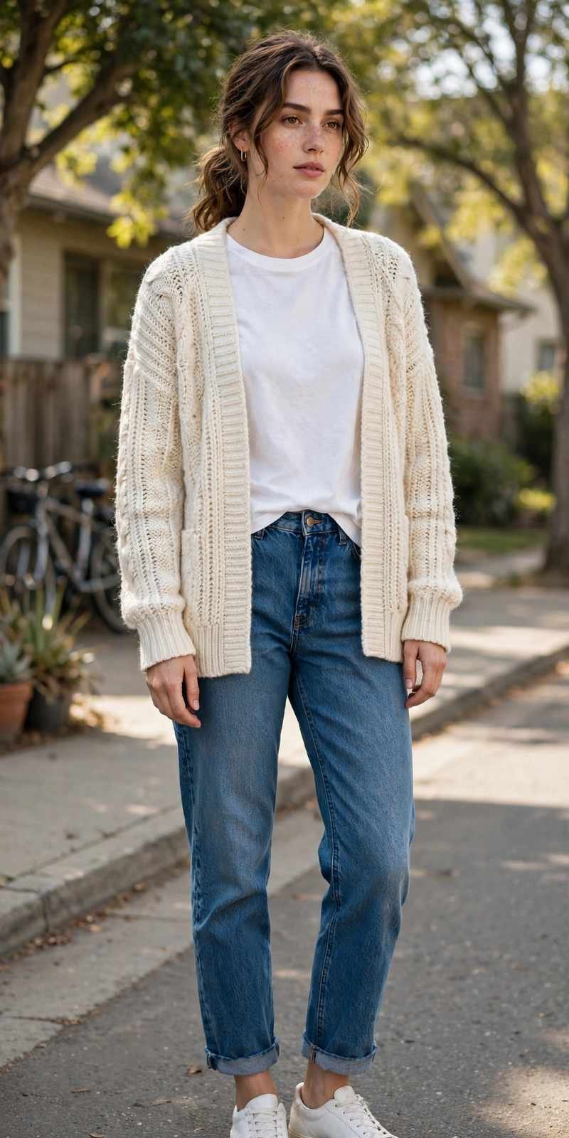 White tee with cozy cardigan and jeans