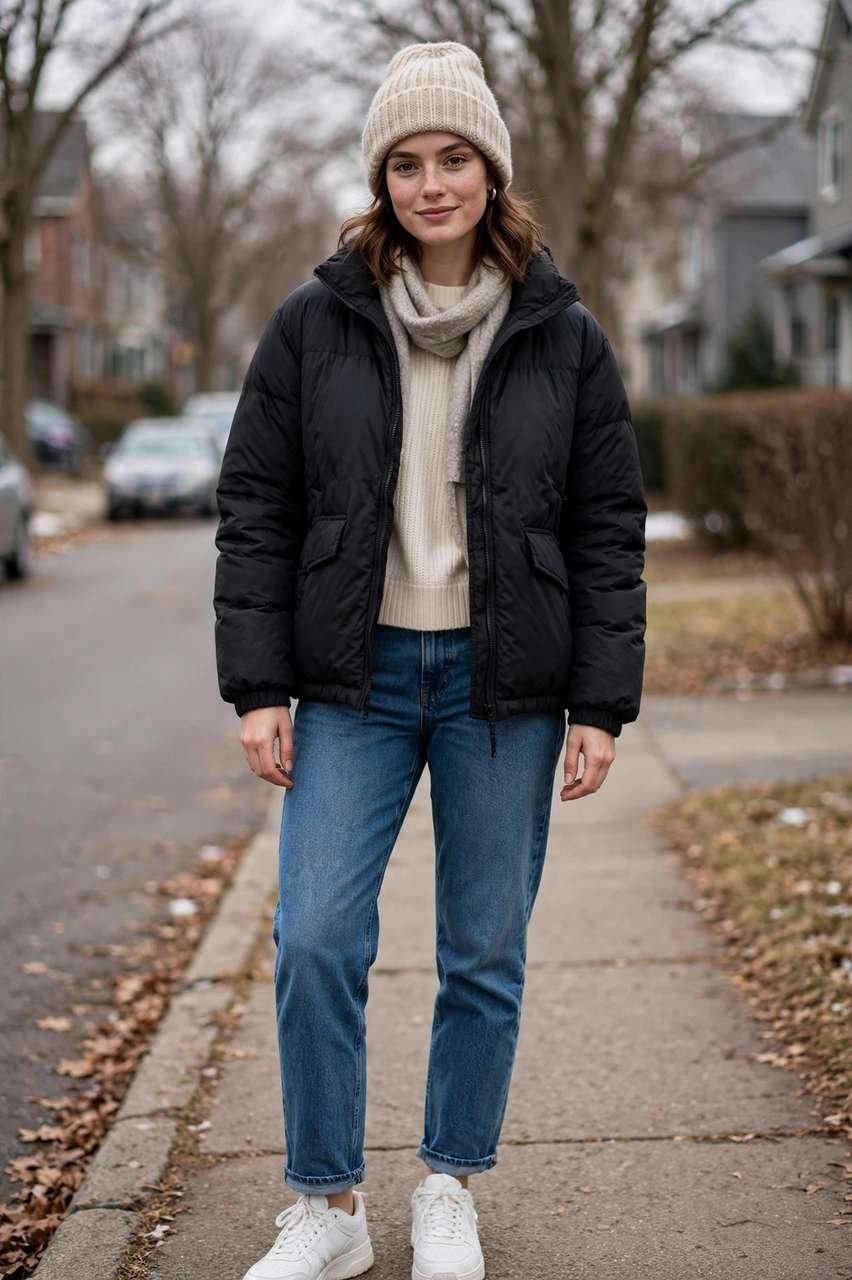 Affordable puffer jacket with a knit beanie