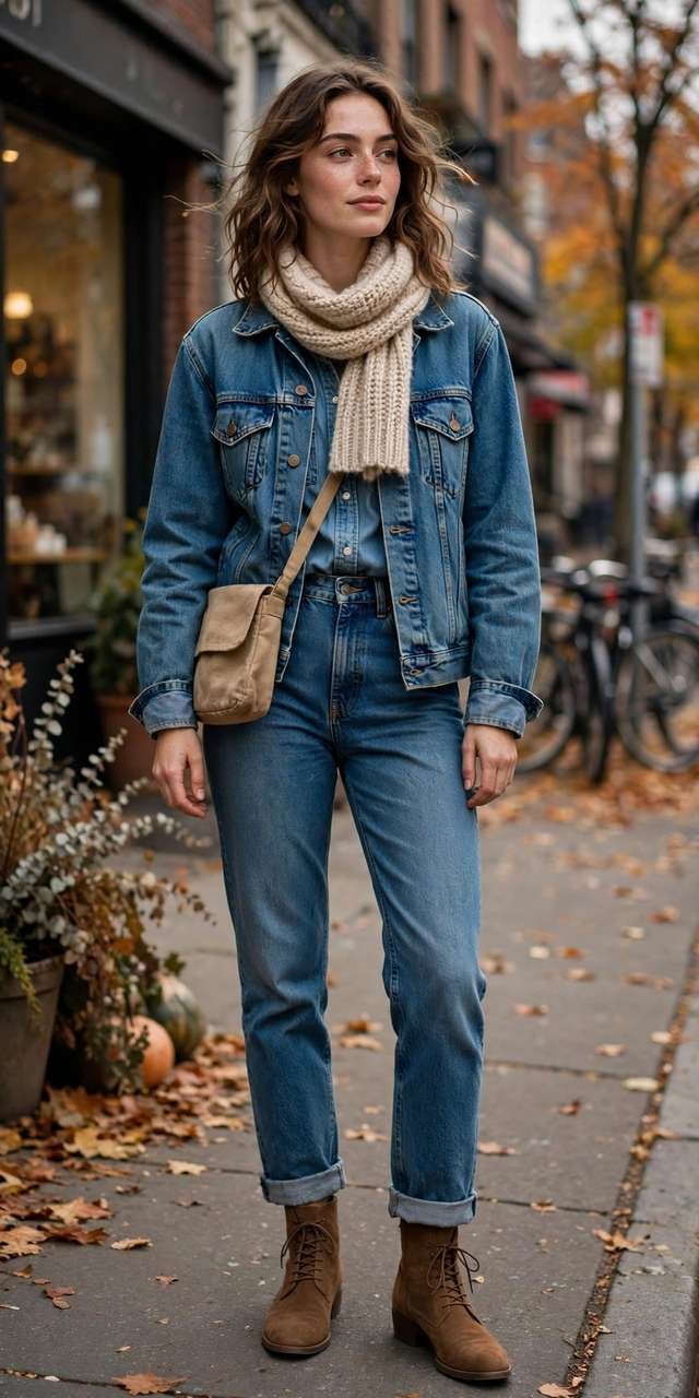 Denim on denim with a cozy scarf