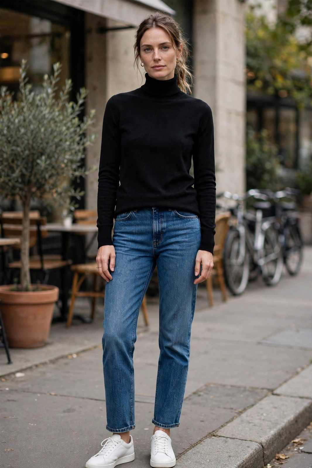 Simple black turtleneck with blue jeans