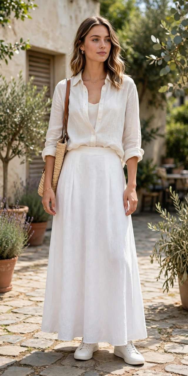 Woman wearing a long white maxi skirt styled for summer
