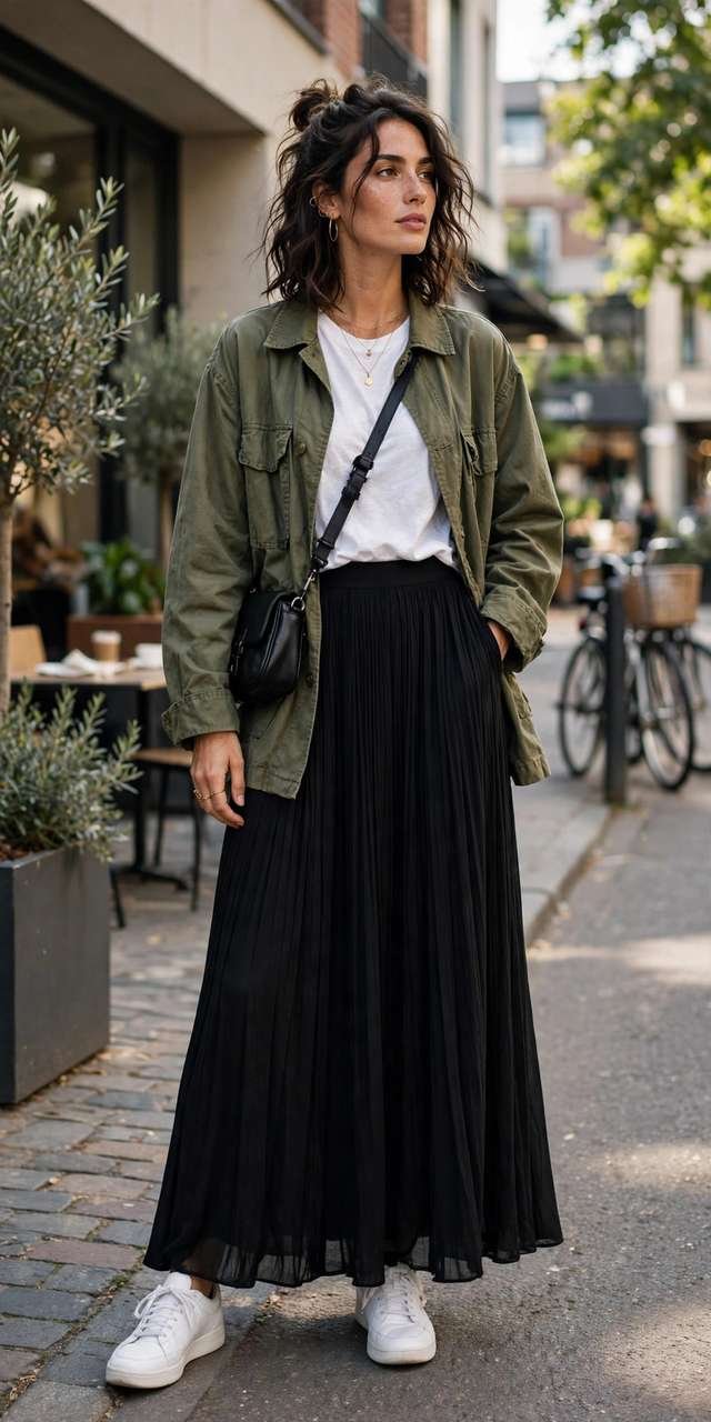 Maxi skirt styled with sneakers for a casual cool look
