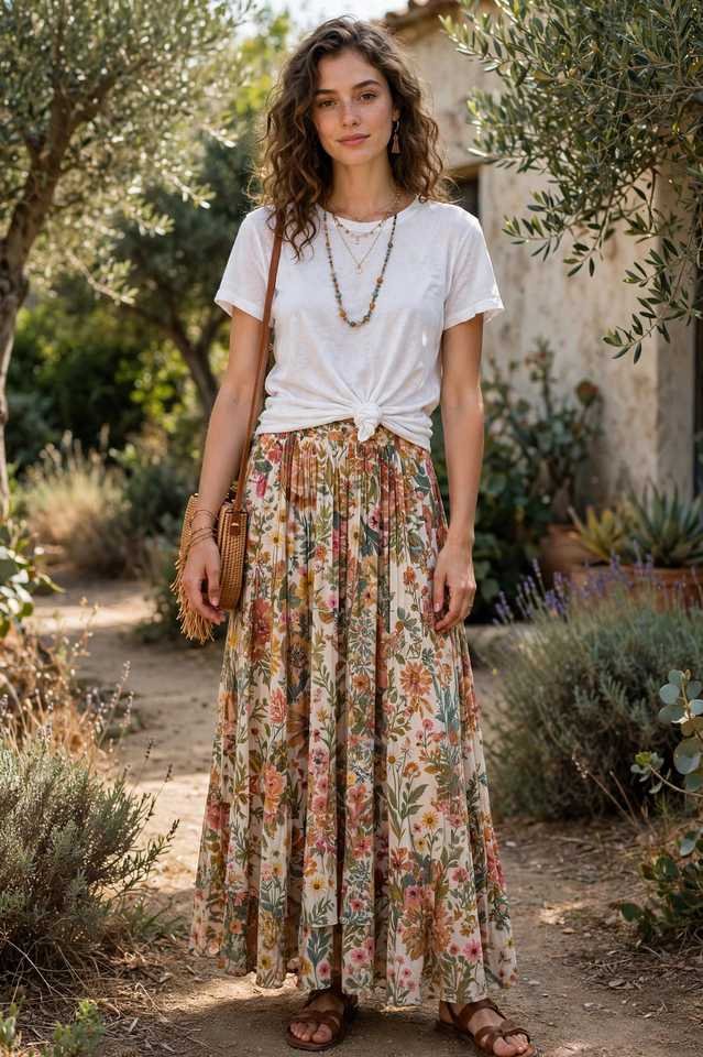 Boho floral maxi skirt paired with a casual knotted t-shirt
