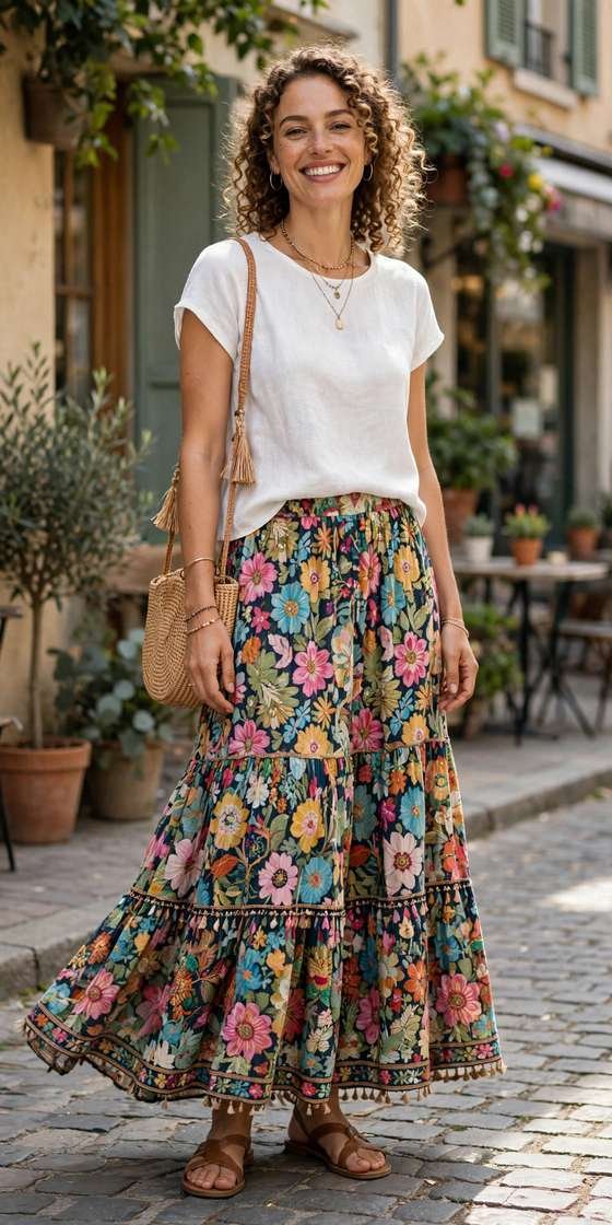 Colorful floral boho maxi skirt styled simply