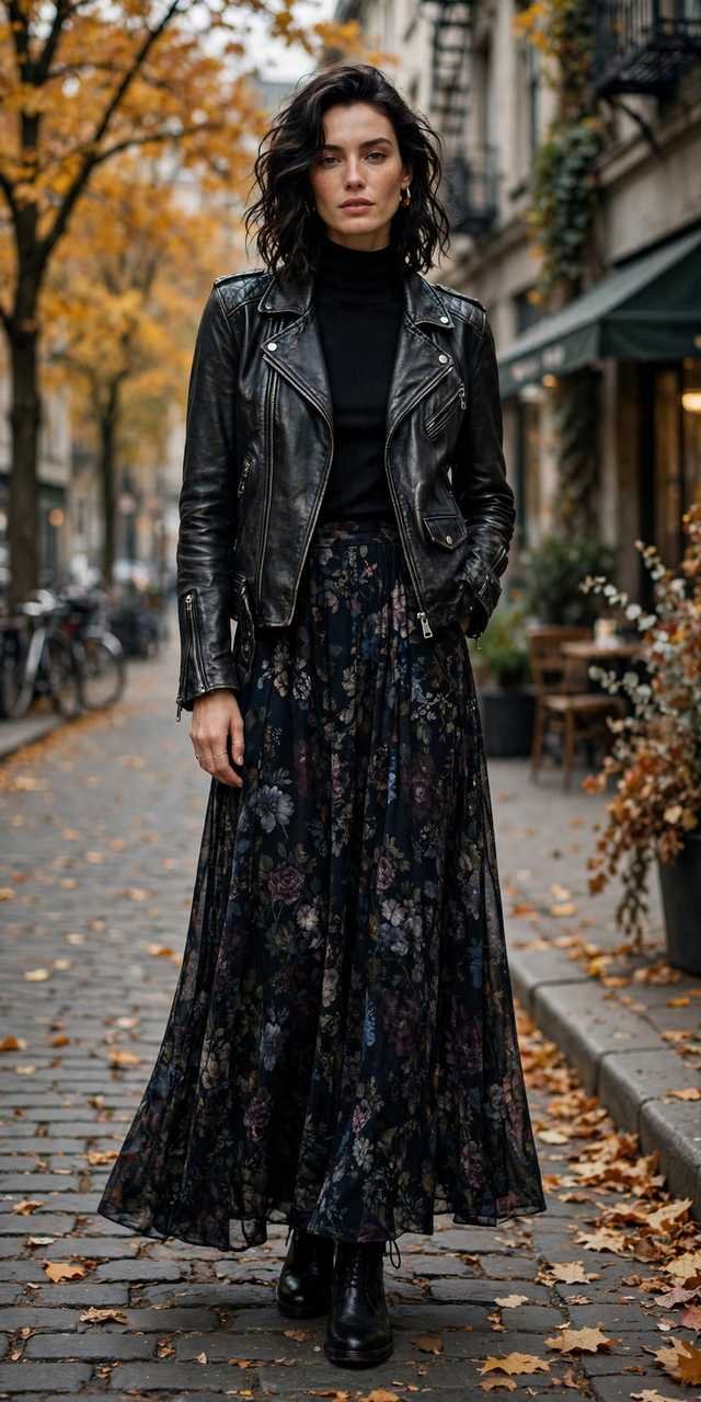 Dark floral maxi skirt styled with a leather jacket