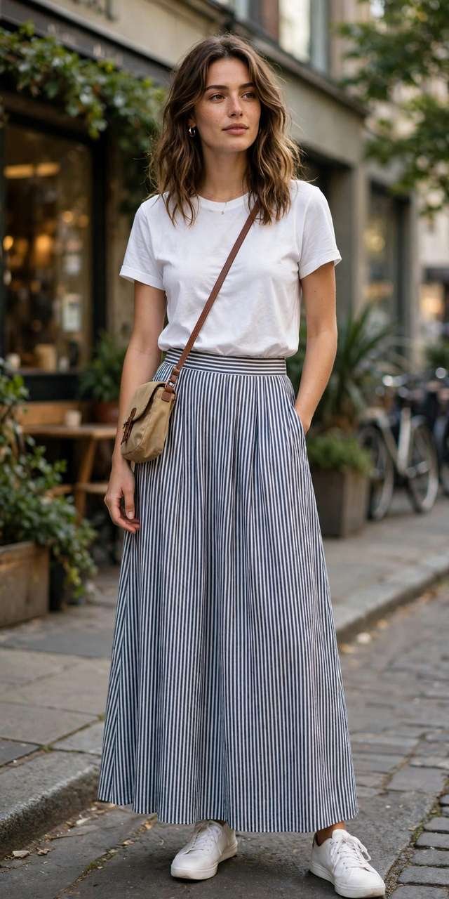 Striped maxi skirt with a tucked white t-shirt