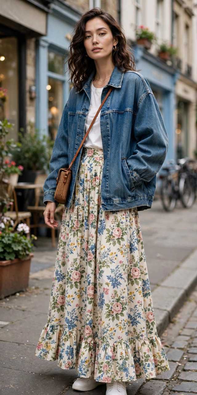 Vintage floral maxi skirt with a denim jacket