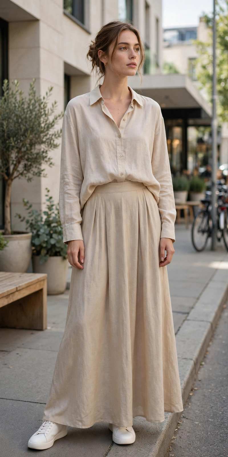Minimalist beige maxi skirt outfit