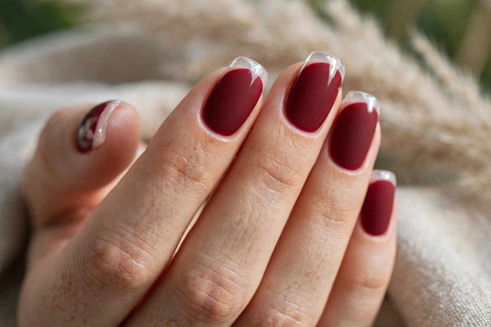 Cranberry matte nails with glossy French tips