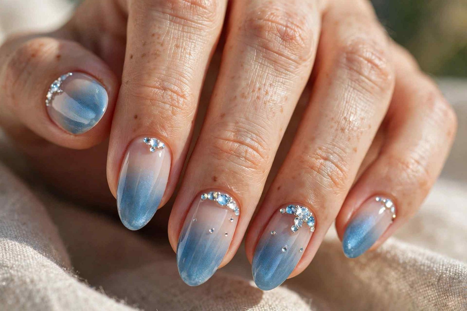 Icy blue ombre nails with rhinestone accents