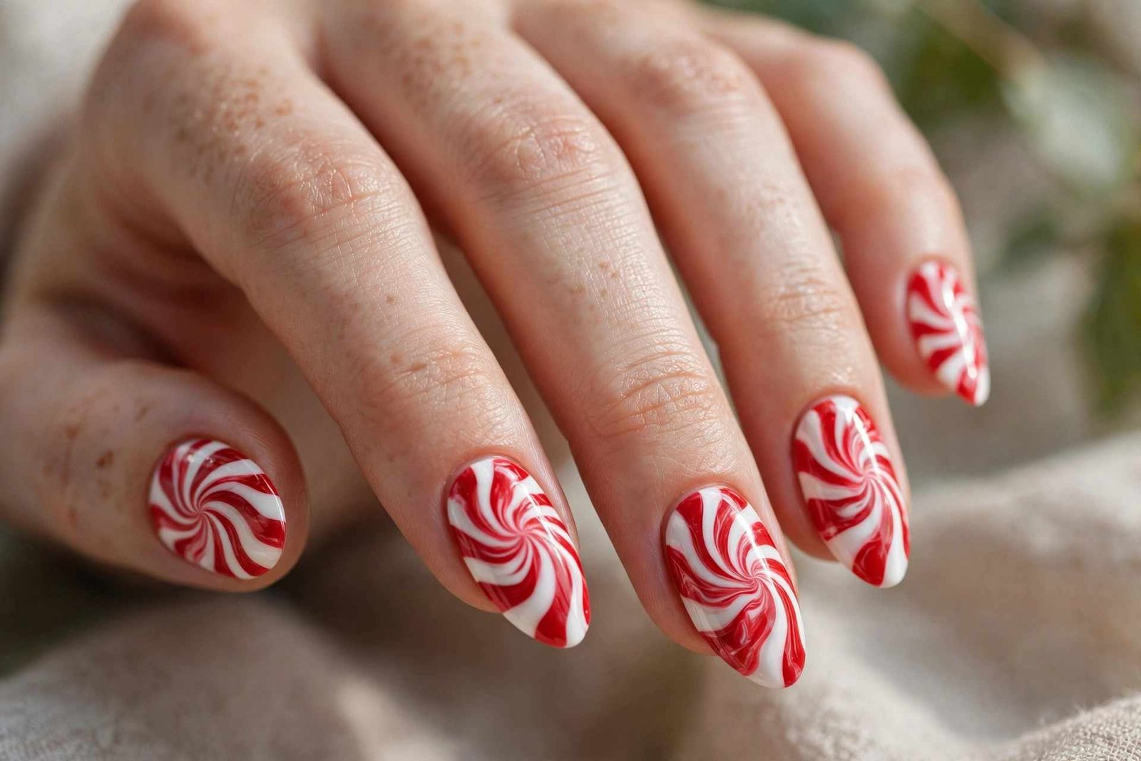 Peppermint swirl red and white almond winter nails
