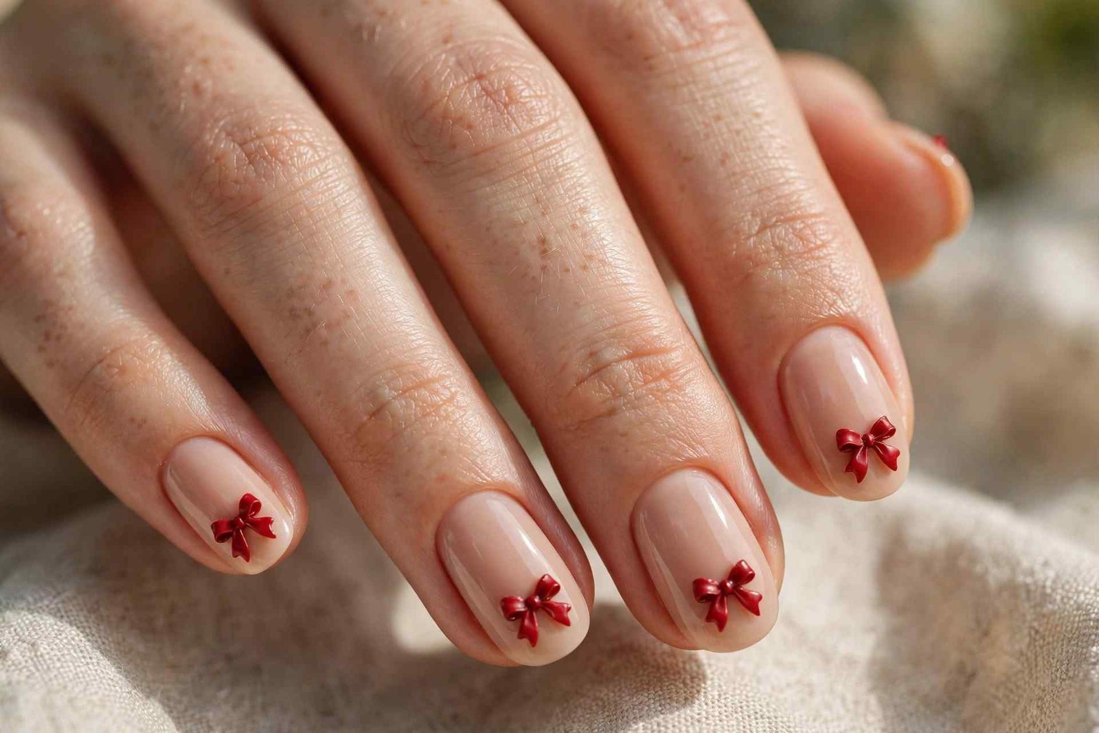 Nude nails with red bow nail art for winter