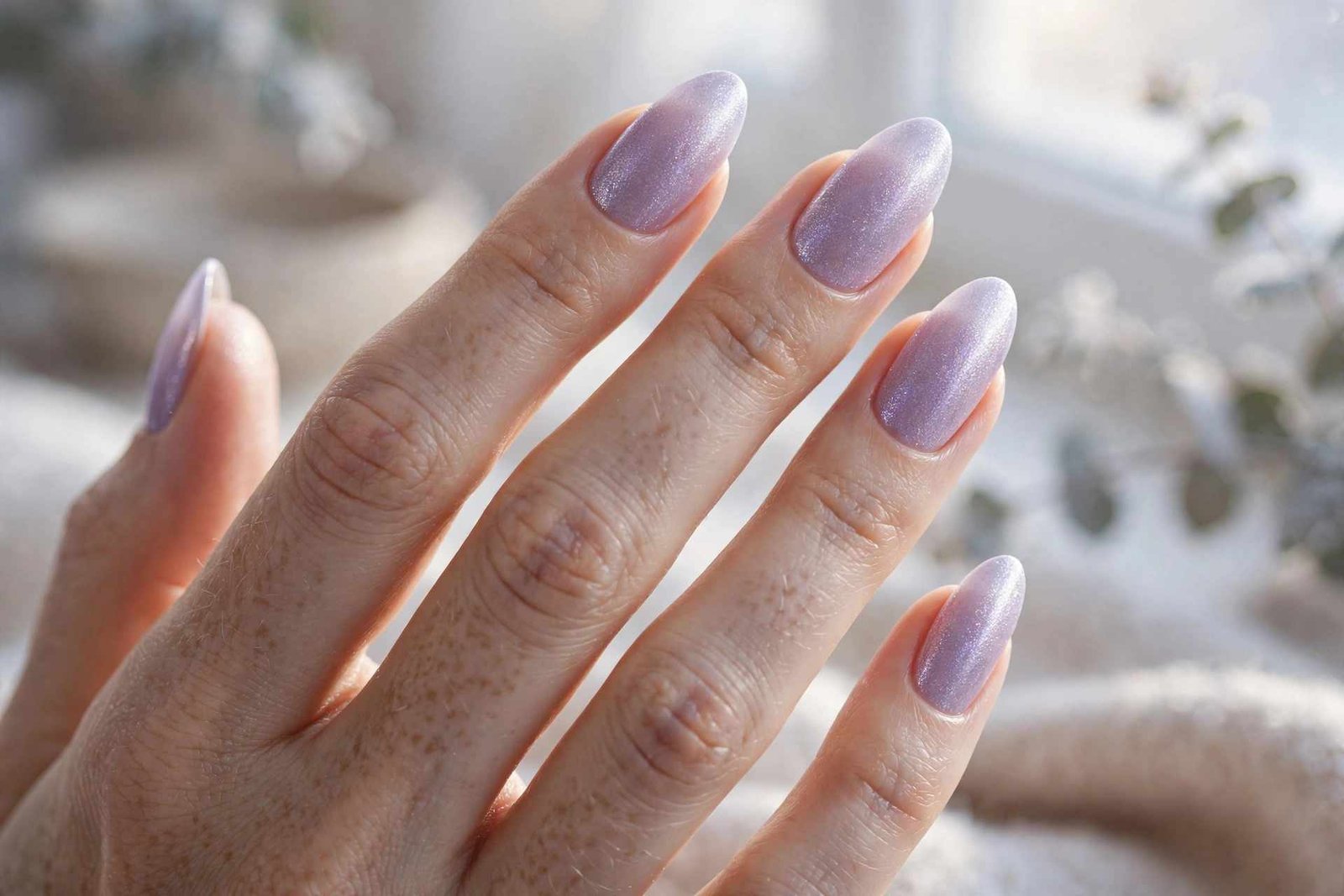 Frosted lilac shimmer winter nails