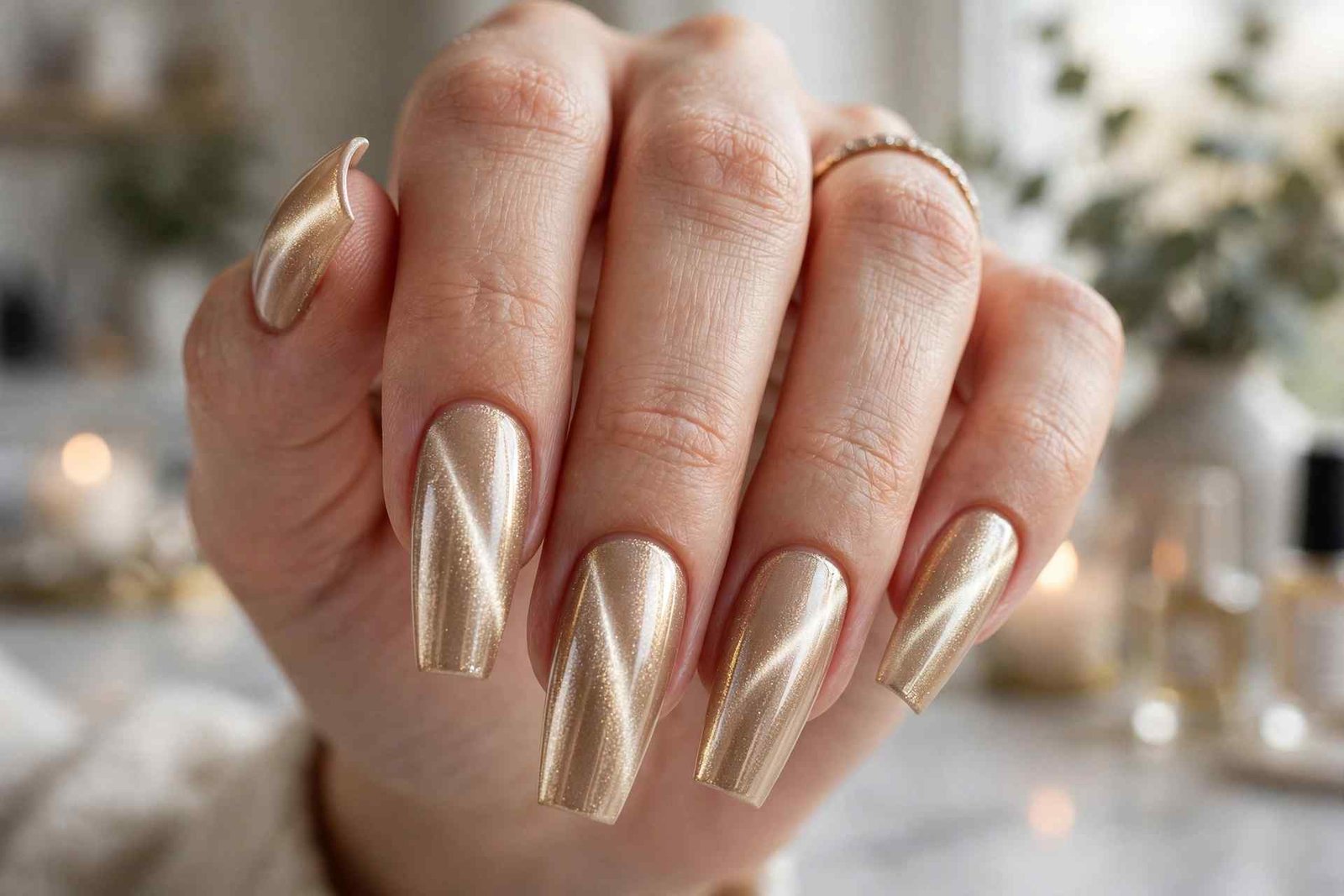 Champagne cat-eye shimmer coffin winter nails