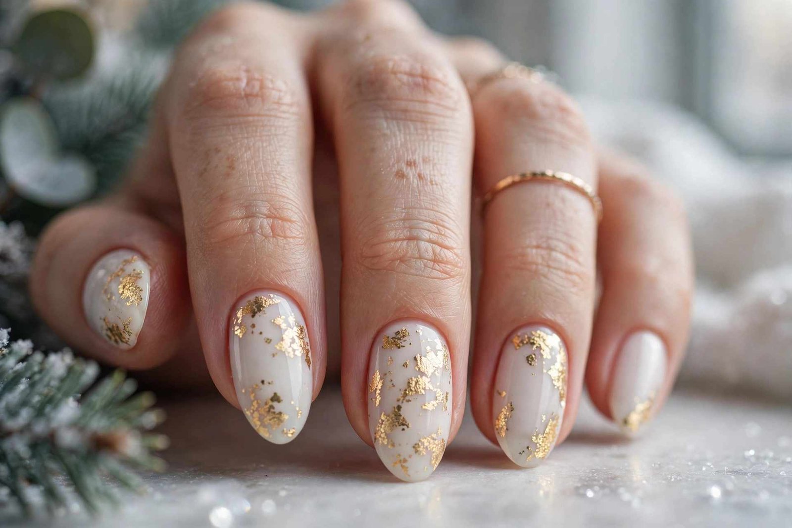 Gold leaf accents on milky white winter nails