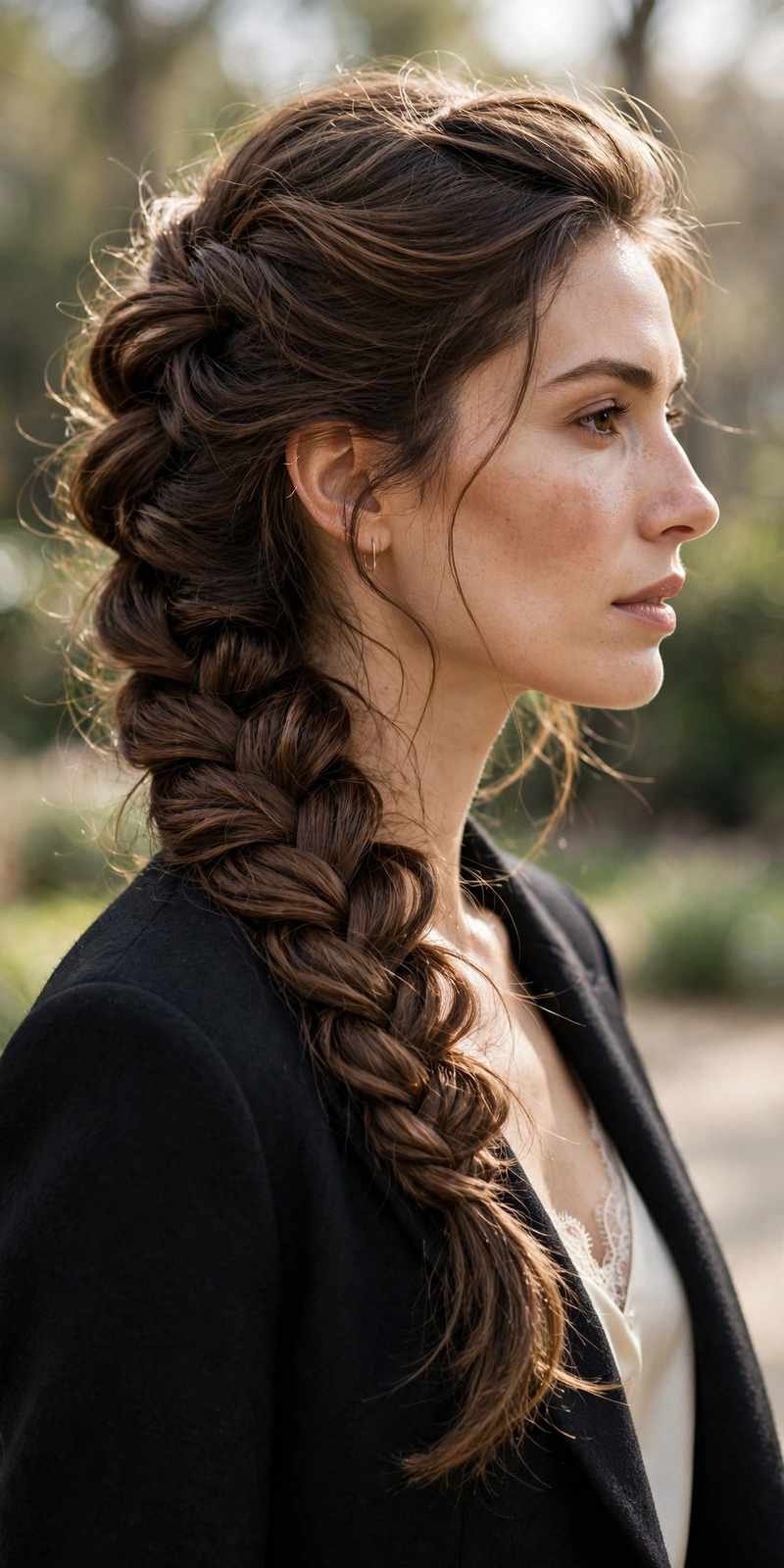 Side-swept fishtail braid with volume