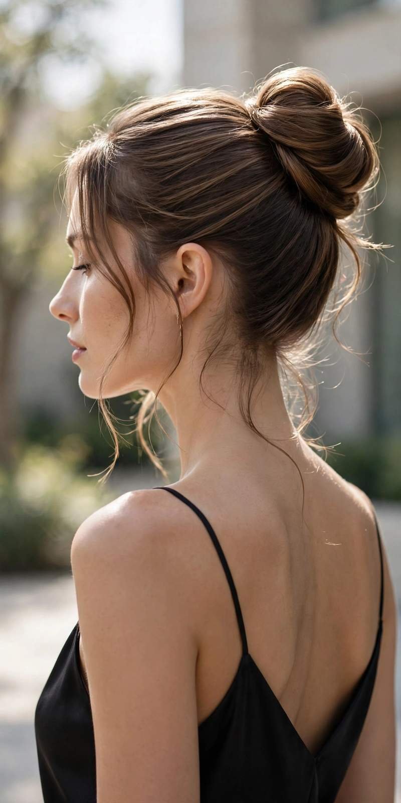 Polished high bun with face-framing tendrils