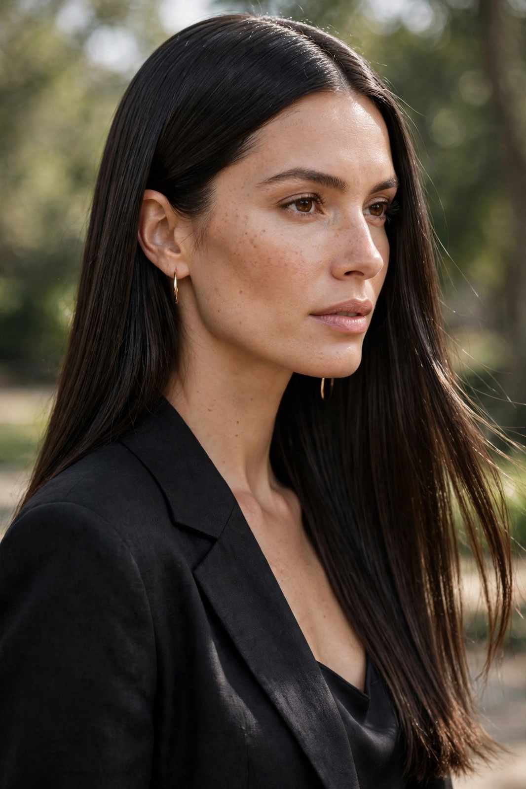 Glossy straight hair with a middle part