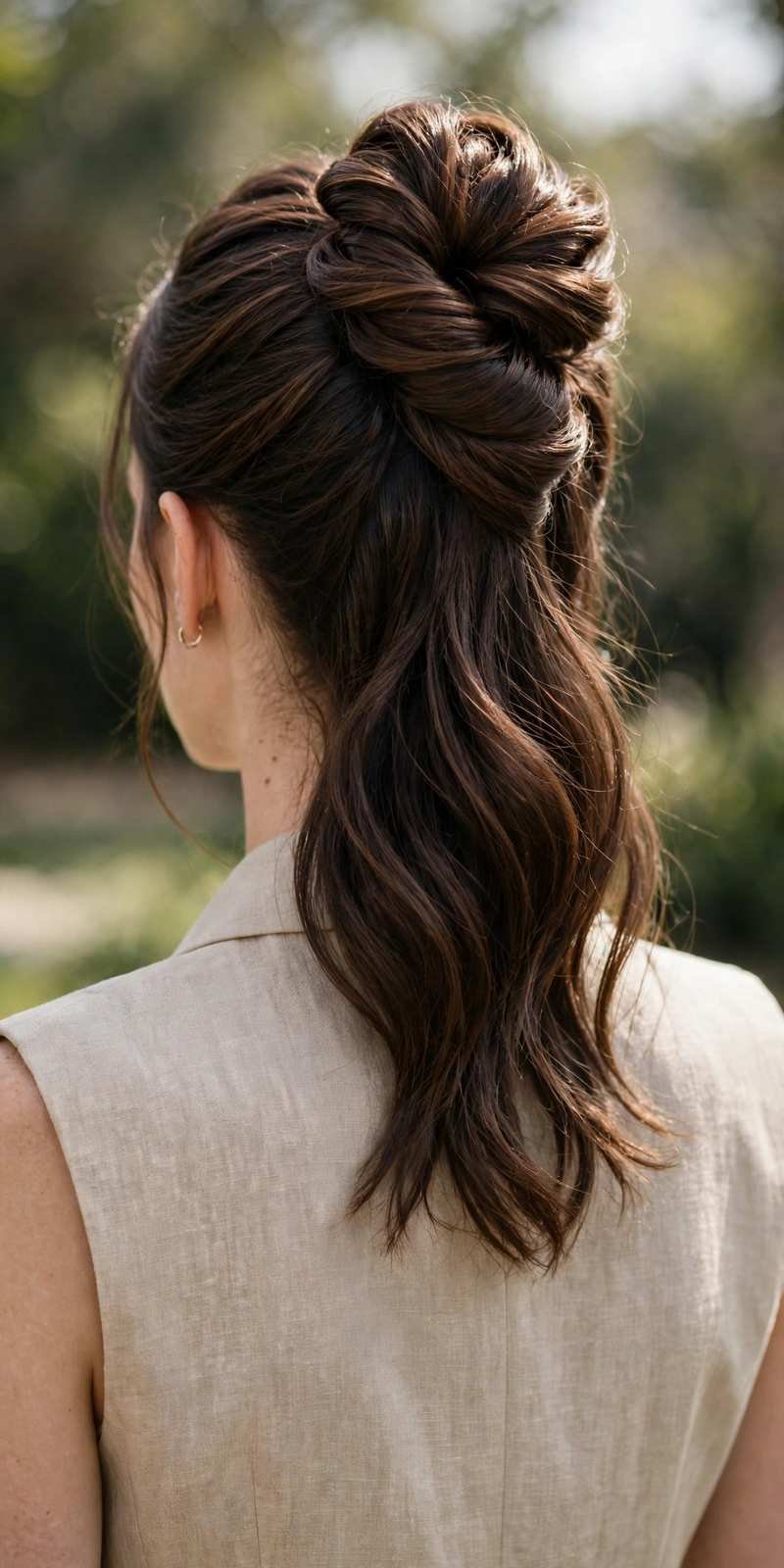 Twisted half-up knot with crown volume