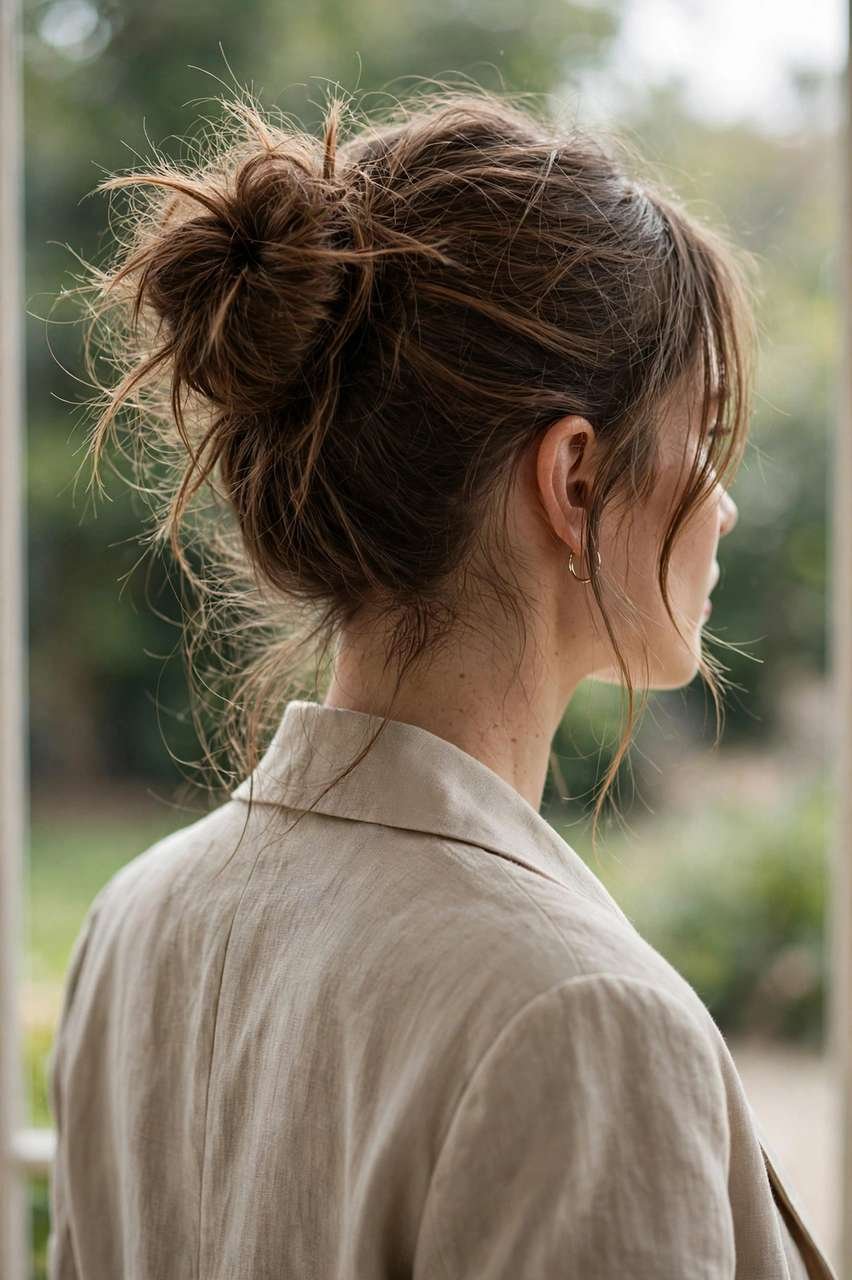 Messy textured bun with wispy ends