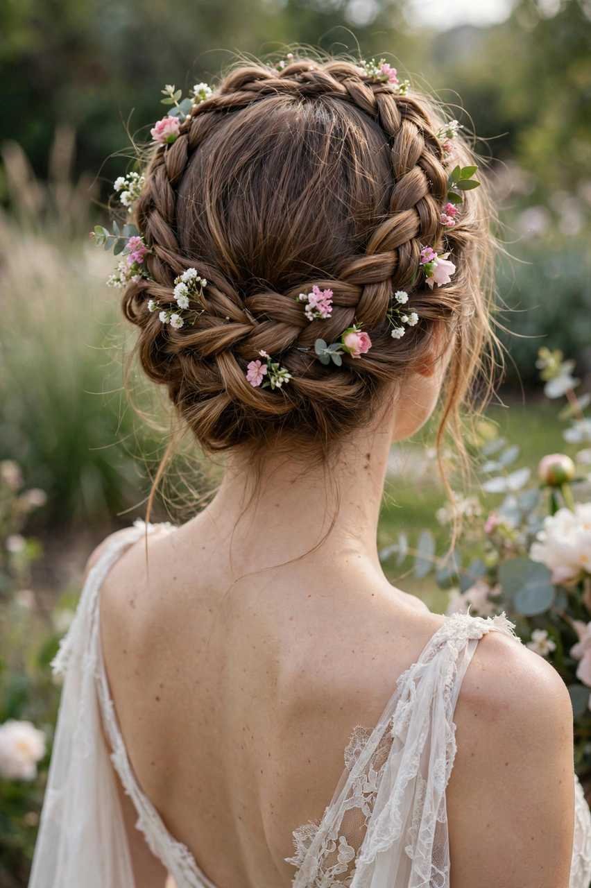 Loose Dutch braid crown with floral pins